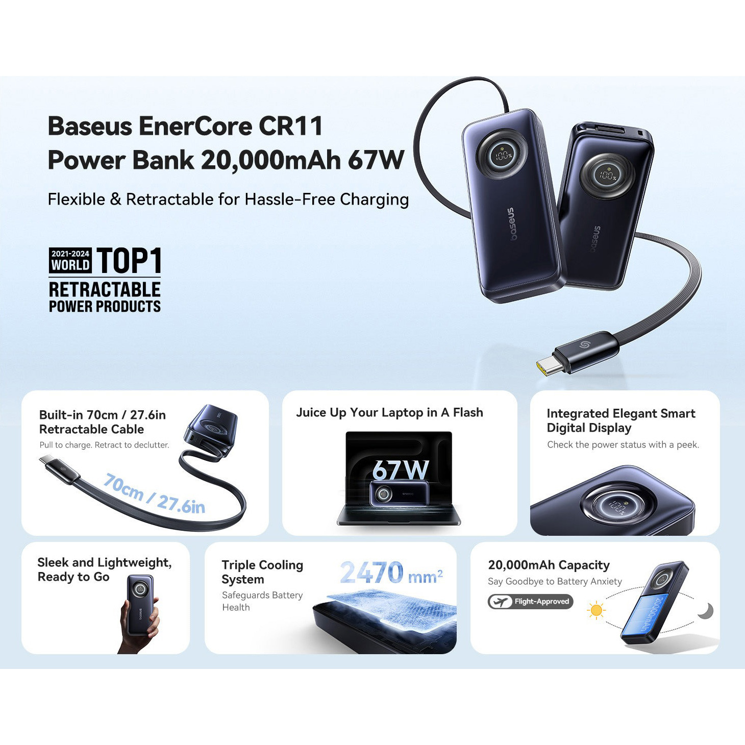 Повербанк BASEUS EnerCore CR11 Power Bank with Retractable Cable 67W 20000mAh Black (E0027H00)