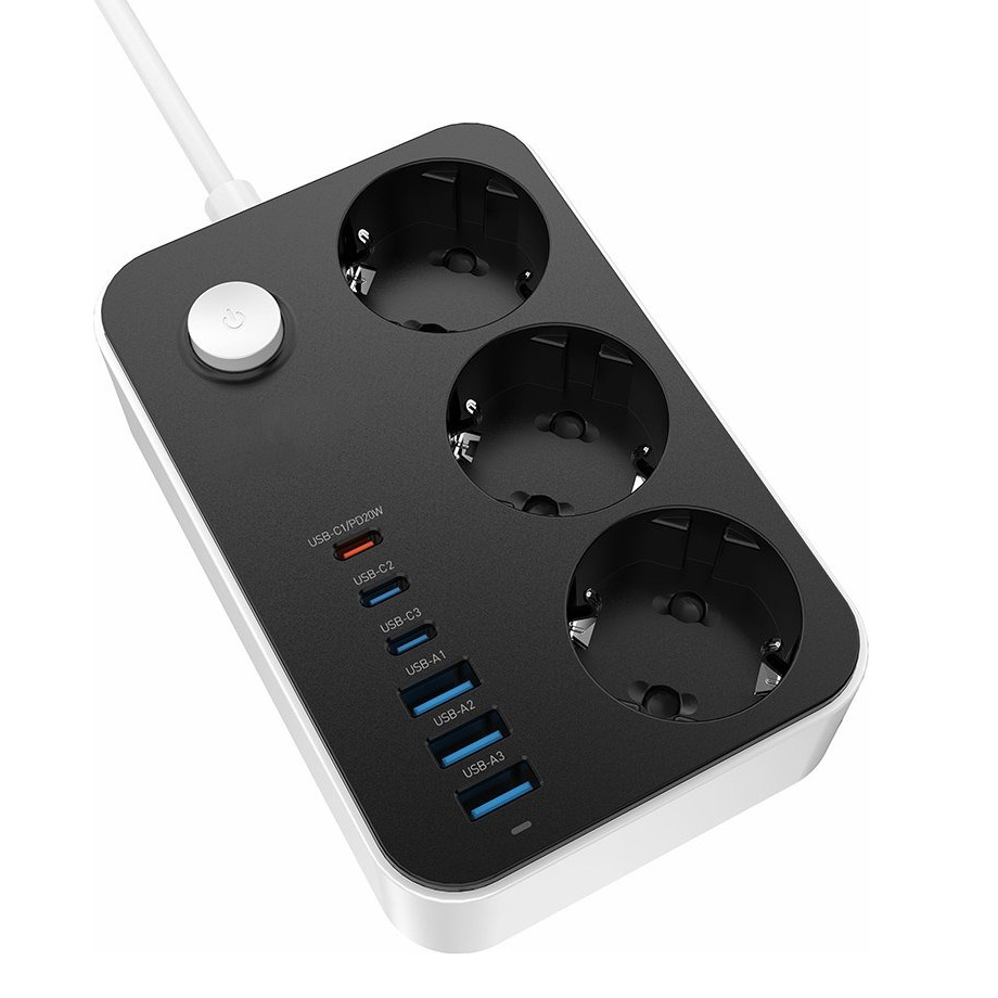 Мережевий фільтр COLORWAY CW-CHE36PDB Black, 3 розетки, 3xUSB-C, 3xUSB, 2м