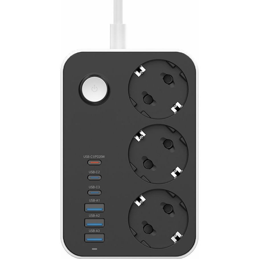 Мережевий фільтр COLORWAY CW-CHE36PDB Black, 3 розетки, 3xUSB-C, 3xUSB, 2м