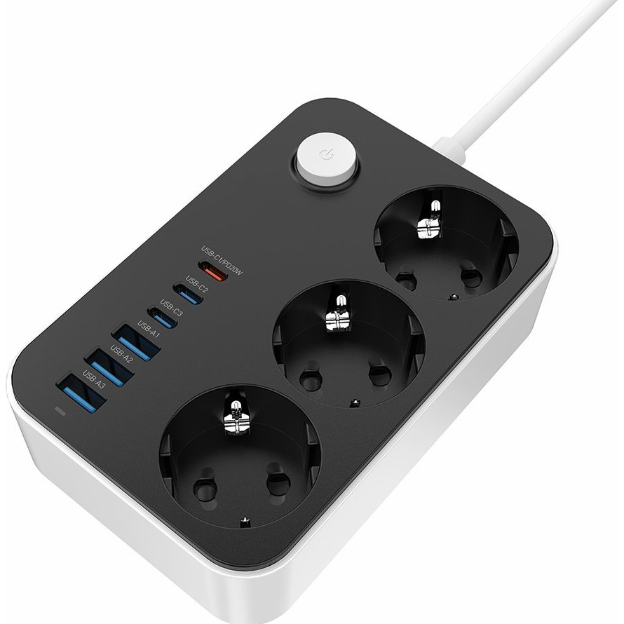 Мережевий фільтр COLORWAY CW-CHE36PDB Black, 3 розетки, 3xUSB-C, 3xUSB, 2м