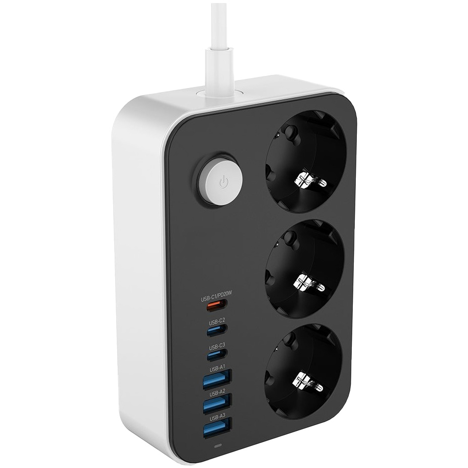 Мережевий фільтр COLORWAY CW-CHE36PDB Black, 3 розетки, 3xUSB-C, 3xUSB, 2м