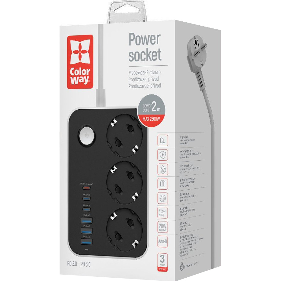 Мережевий фільтр COLORWAY CW-CHE36PDB Black, 3 розетки, 3xUSB-C, 3xUSB, 2м