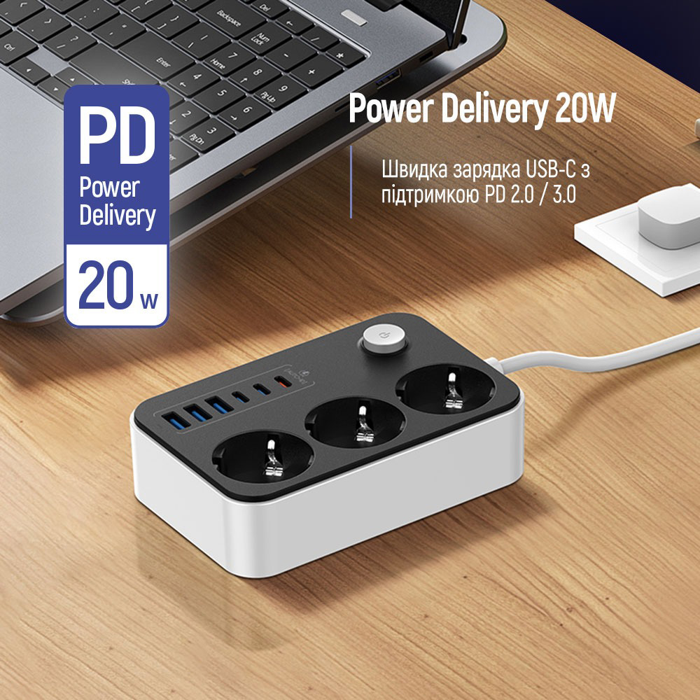 Мережевий фільтр COLORWAY CW-CHE36PDB Black, 3 розетки, 3xUSB-C, 3xUSB, 2м