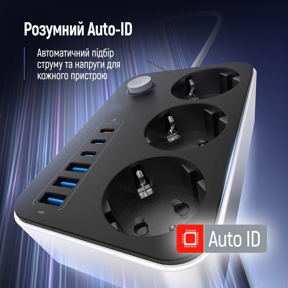 Мережевий фільтр COLORWAY CW-CHE36PDB Black, 3 розетки, 3xUSB-C, 3xUSB, 2м