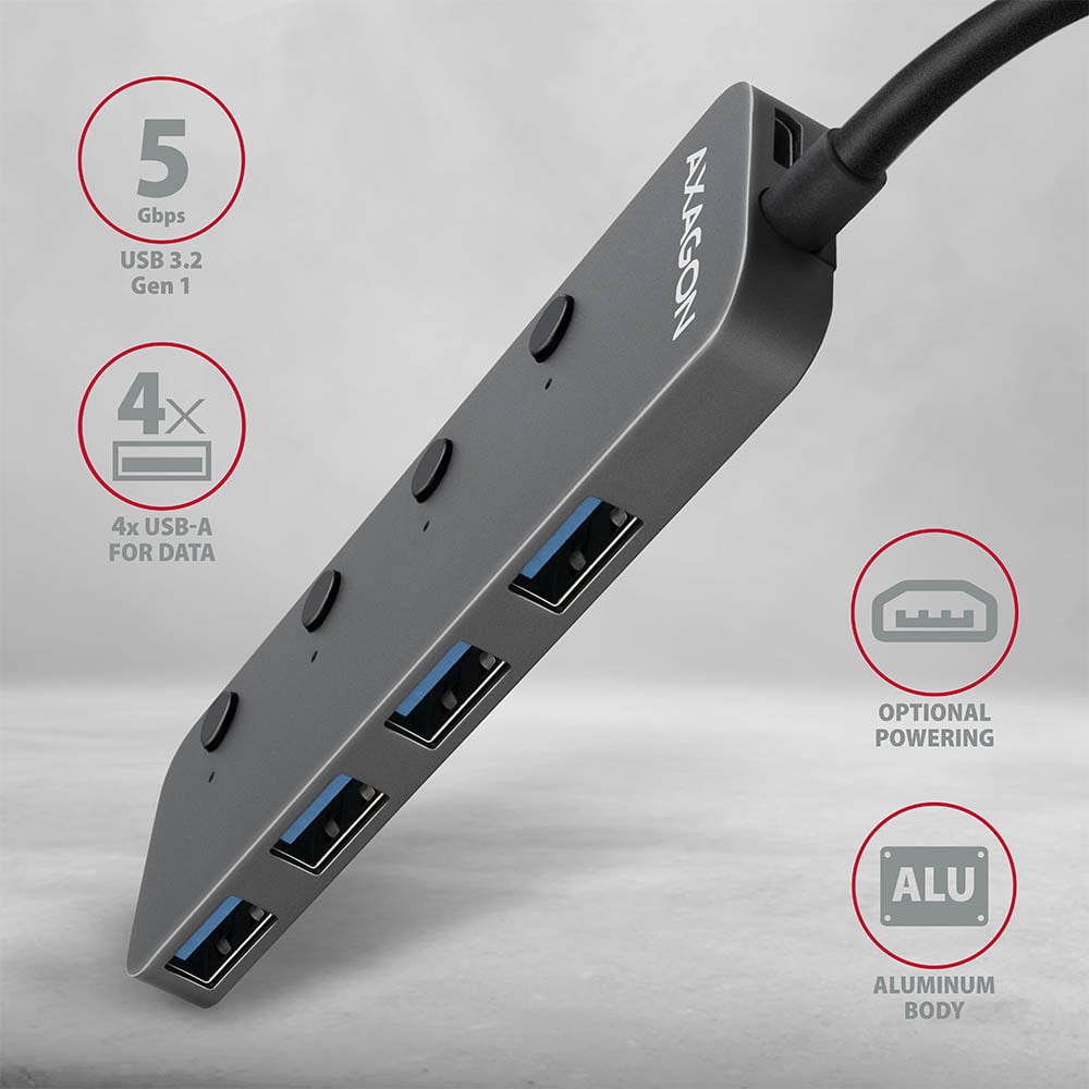USB-хаб із вимикачами AXAGON 4-Port SuperSpeed USB-A Switch Charging Hub