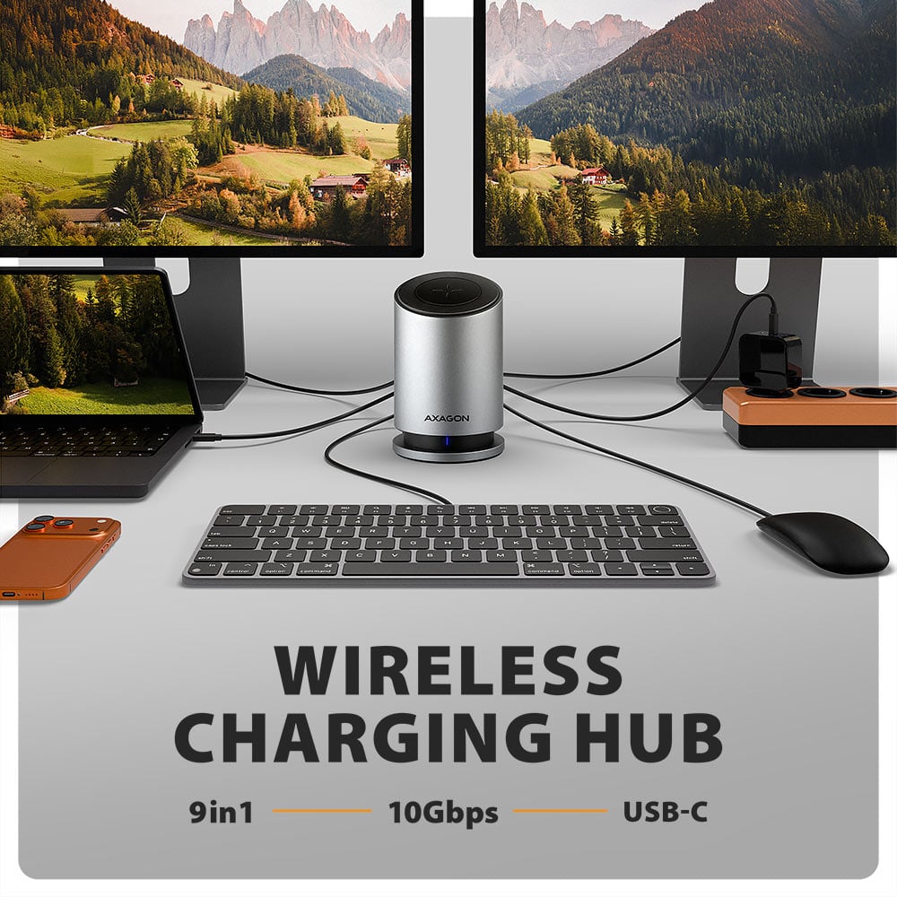 Док-станція AXAGON 9-in-1 USB-C 10Gbps Wireless Charging Hub