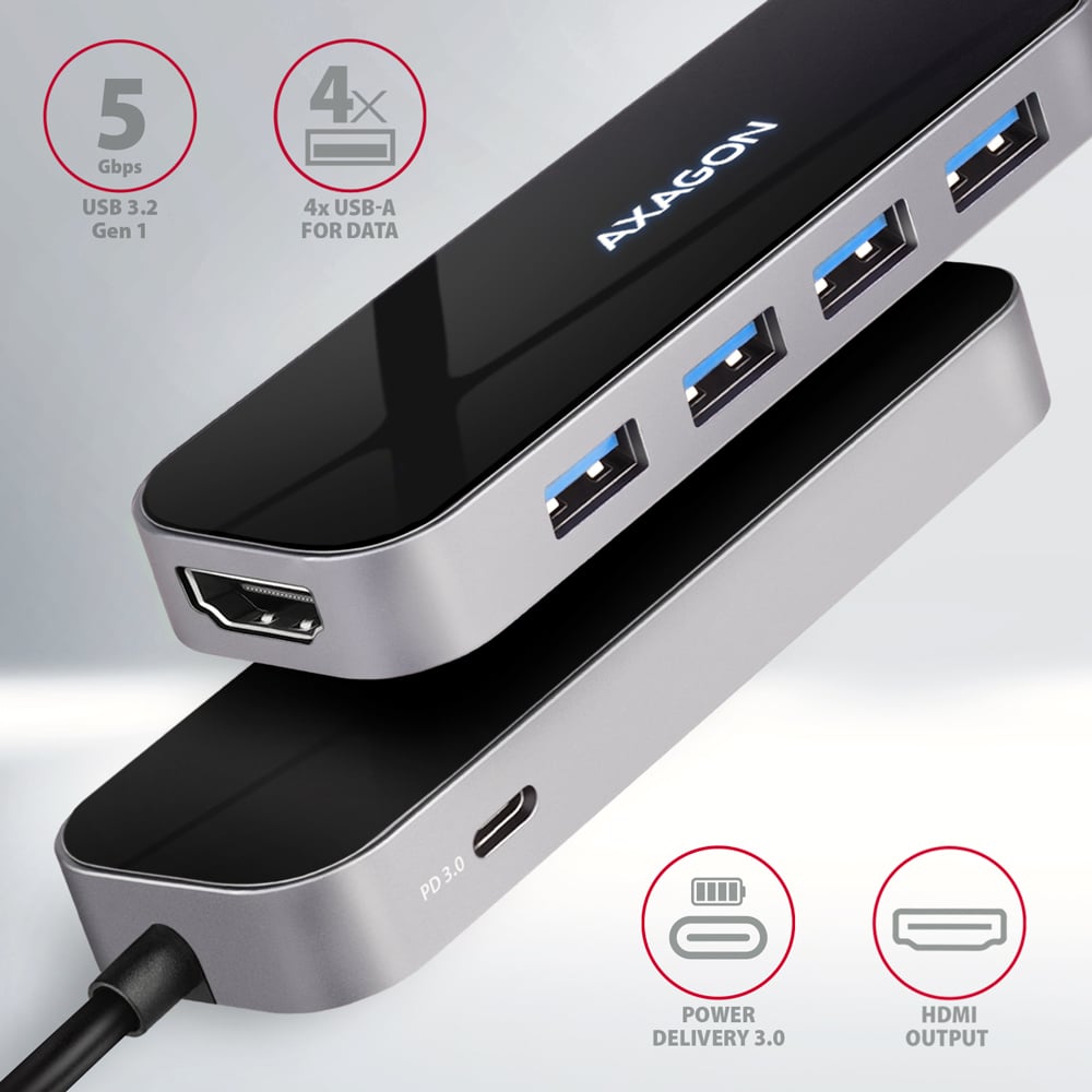Порт-реплікатор AXAGON 6-in-1 SuperSpeed USB-C Hub 4xUSB, 1xHDMI, PD