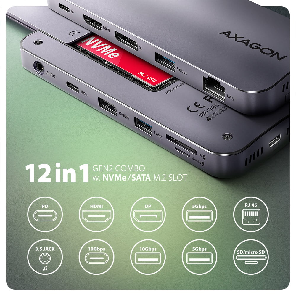 Порт-реплікатор AXAGON 12-in-1 USB-C 10Gbps Gen2 Combo Hub