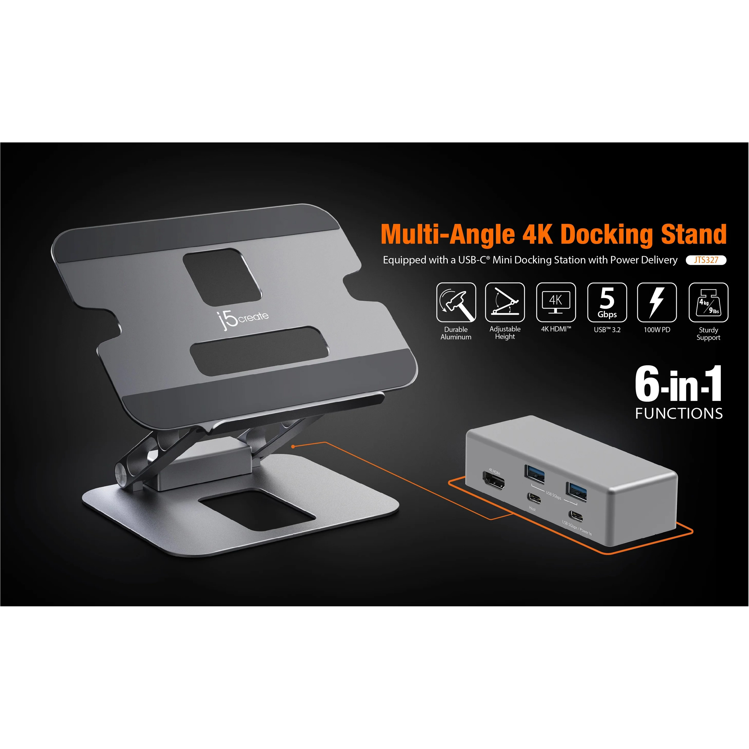 Підставка для ноутбука J5CREATE Multi-Angle 4K Docking Stand (JTS327-N)