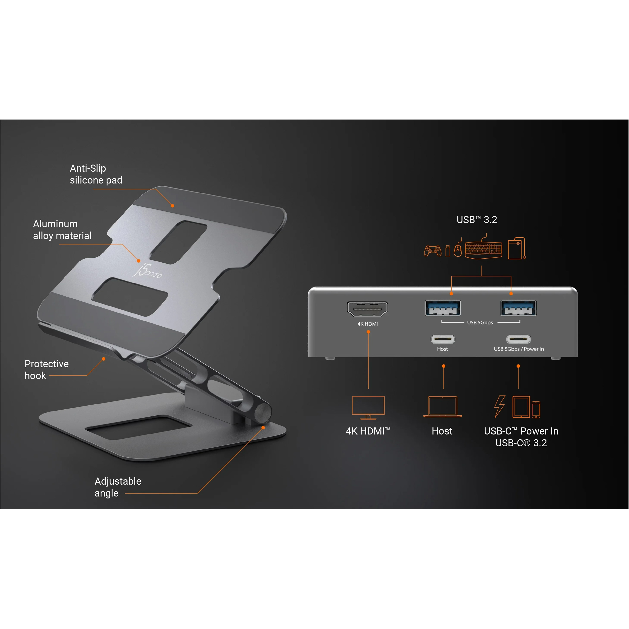 Підставка для ноутбука J5CREATE Multi-Angle 4K Docking Stand (JTS327-N)