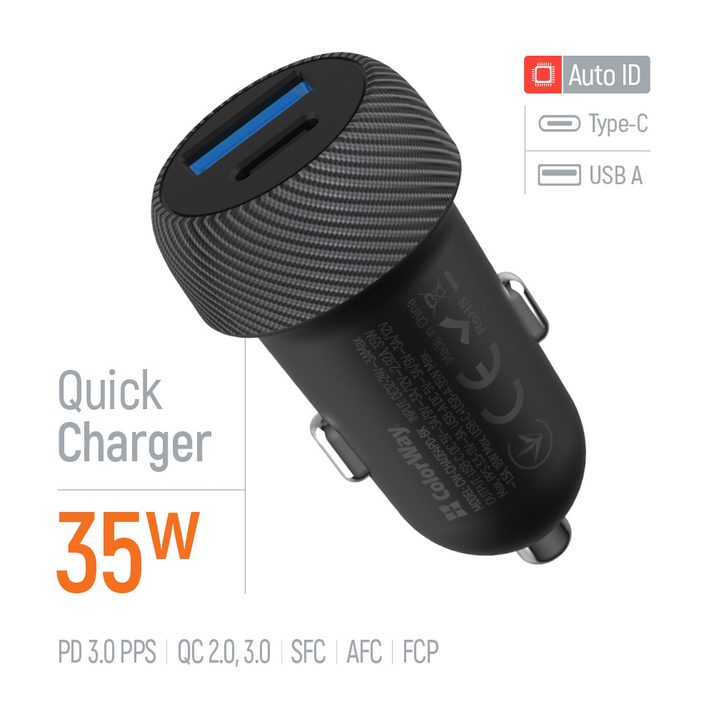 Автомобільний зарядний пристрій COLORWAY 1xUSB-C, 1xUSB-A, PD3.0, QC3.0, 35W Black (CW-CHA064PD-BK)