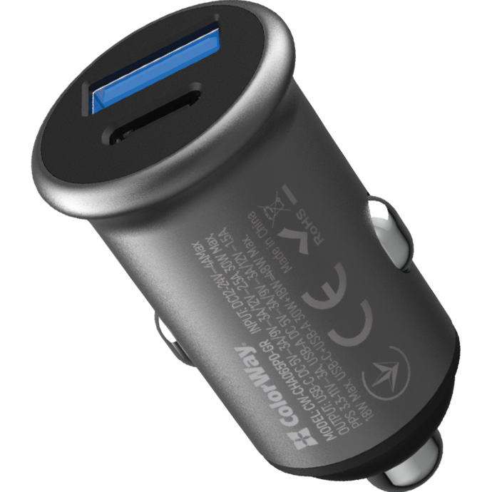 Автомобільний зарядний пристрій COLORWAY 1xUSB-C, 1xUSB-A, PD3.0, QC3.0, 38W Gray (CW-CHA065PD-GR)