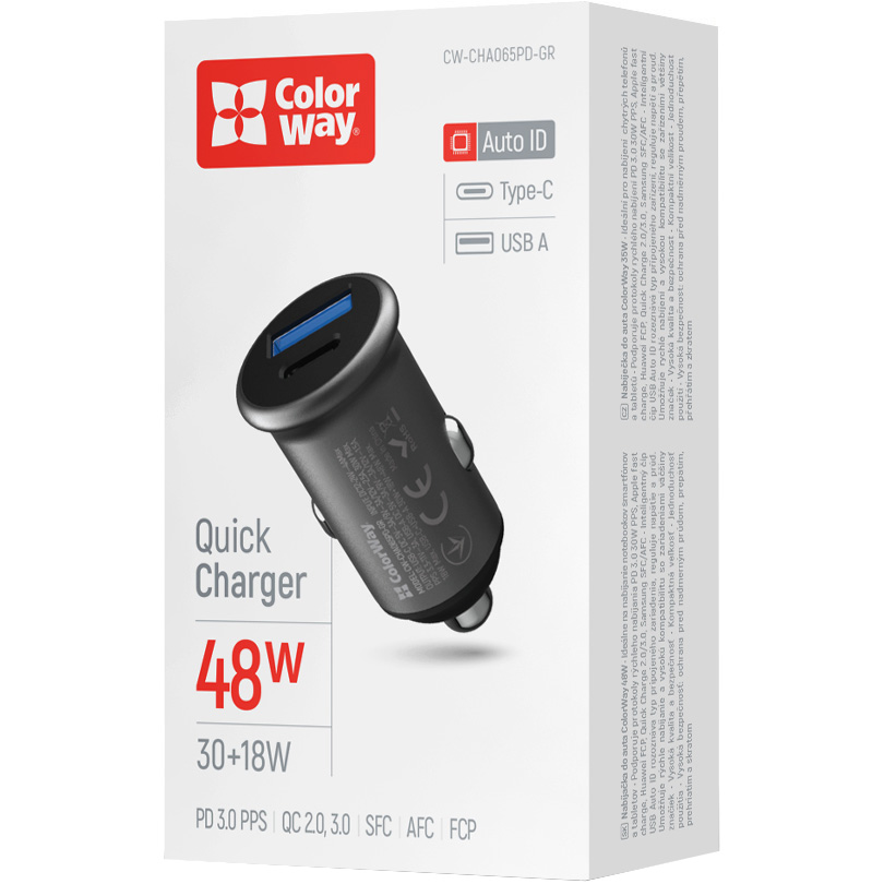 Автомобільний зарядний пристрій COLORWAY 1xUSB-C, 1xUSB-A, PD3.0, QC3.0, 38W Gray (CW-CHA065PD-GR)