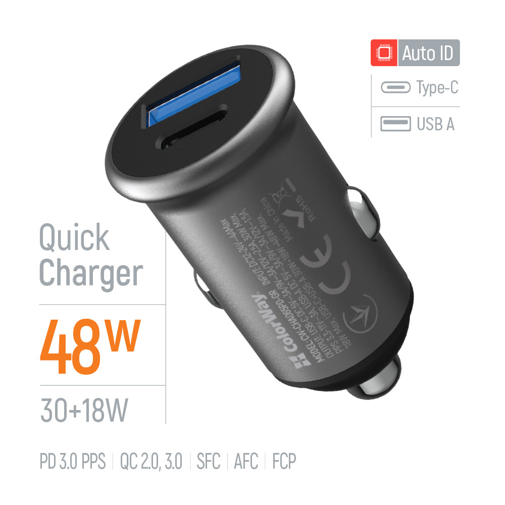 Автомобільний зарядний пристрій COLORWAY 1xUSB-C, 1xUSB-A, PD3.0, QC3.0, 38W Gray (CW-CHA065PD-GR)