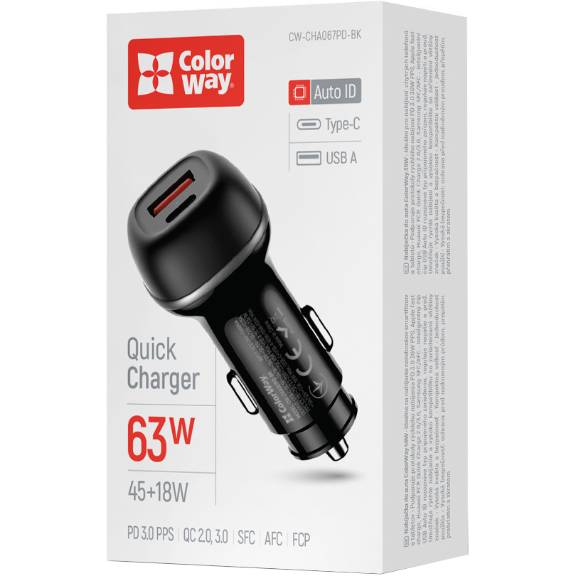 Автомобільний зарядний пристрій COLORWAY 1xUSB-C, 1xUSB-A, PD3.0, QC3.0, 63W Black (CW-CHA067PD-BK)