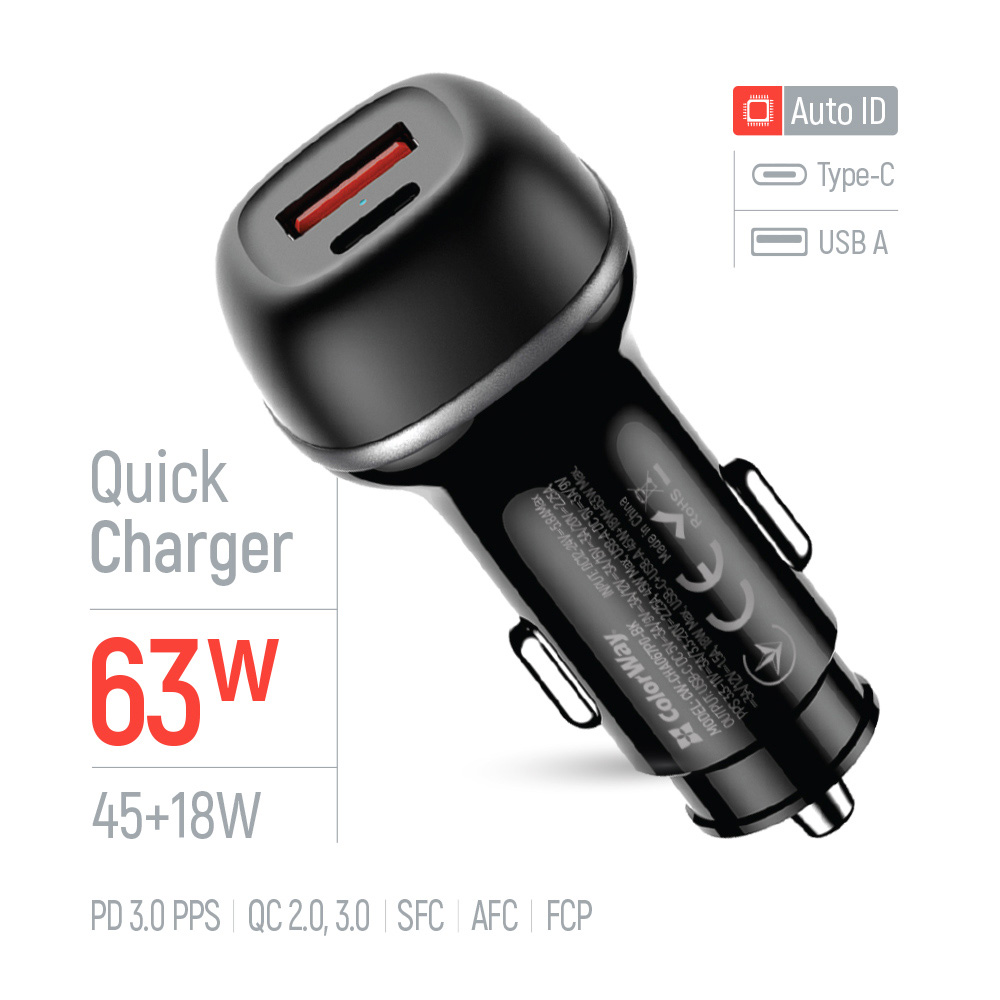 Автомобільний зарядний пристрій COLORWAY 1xUSB-C, 1xUSB-A, PD3.0, QC3.0, 63W Black (CW-CHA067PD-BK)