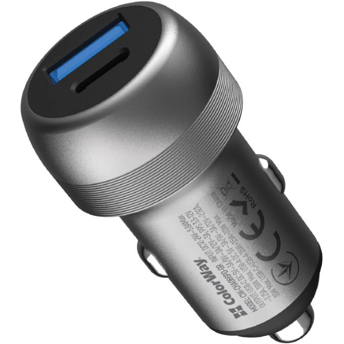 Автомобільний зарядний пристрій COLORWAY 1xUSB-C, 1xUSB-A, PD3.0, QC3.0, 70W Gray (CW-CHA066PD-GR)