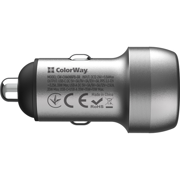 Автомобільний зарядний пристрій COLORWAY 1xUSB-C, 1xUSB-A, PD3.0, QC3.0, 70W Gray (CW-CHA066PD-GR)