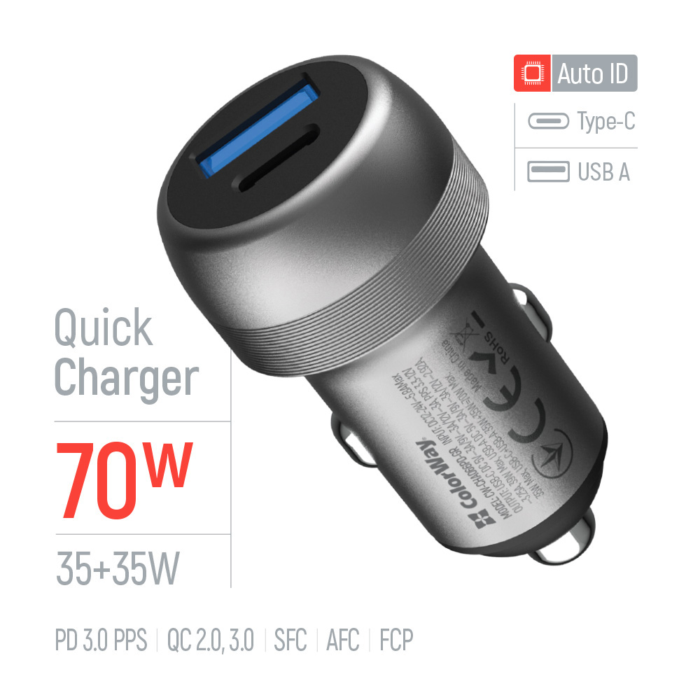 Автомобільний зарядний пристрій COLORWAY 1xUSB-C, 1xUSB-A, PD3.0, QC3.0, 70W Gray (CW-CHA066PD-GR)