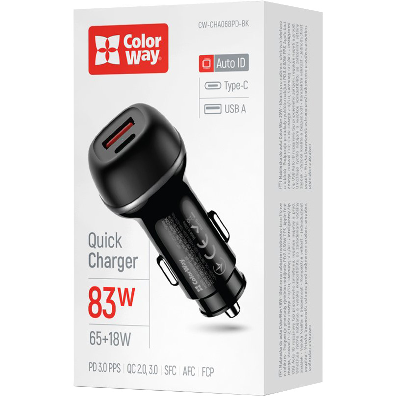 Автомобільний зарядний пристрій COLORWAY 1xUSB-C, 1xUSB-A, PD3.0, QC3.0, 83W Black (CW-CHA068PD-BK)