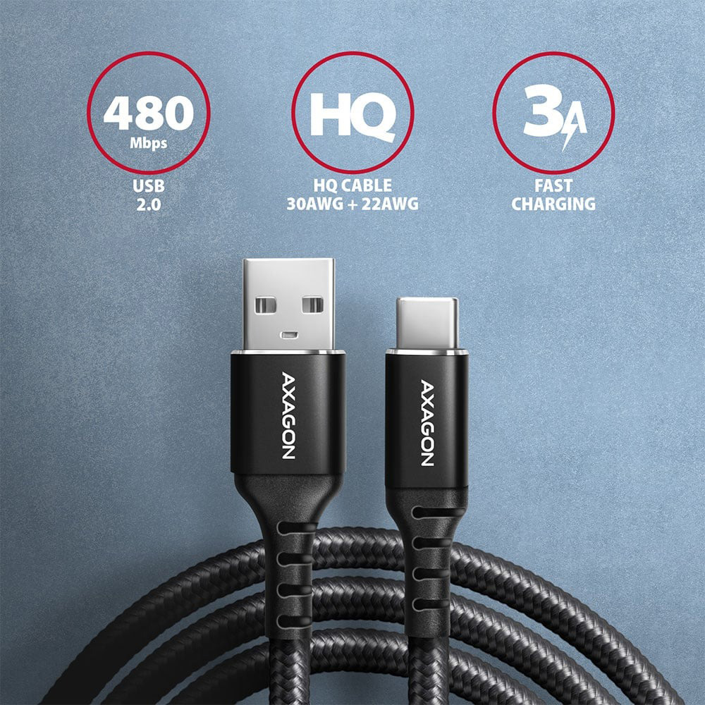Кабель AXAGON USB-C to USB-A 2.0 1м Black