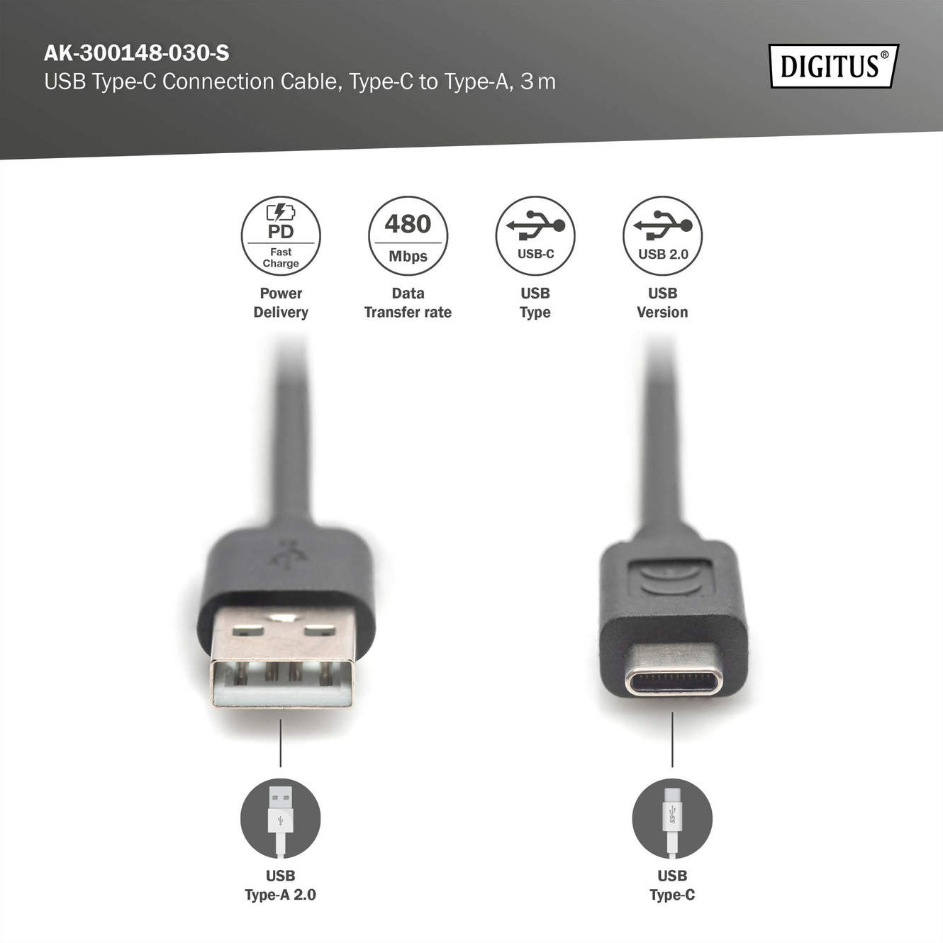 Кабель DIGITUS USB2.0 AM/CM 3м (AK-300148-030-S)