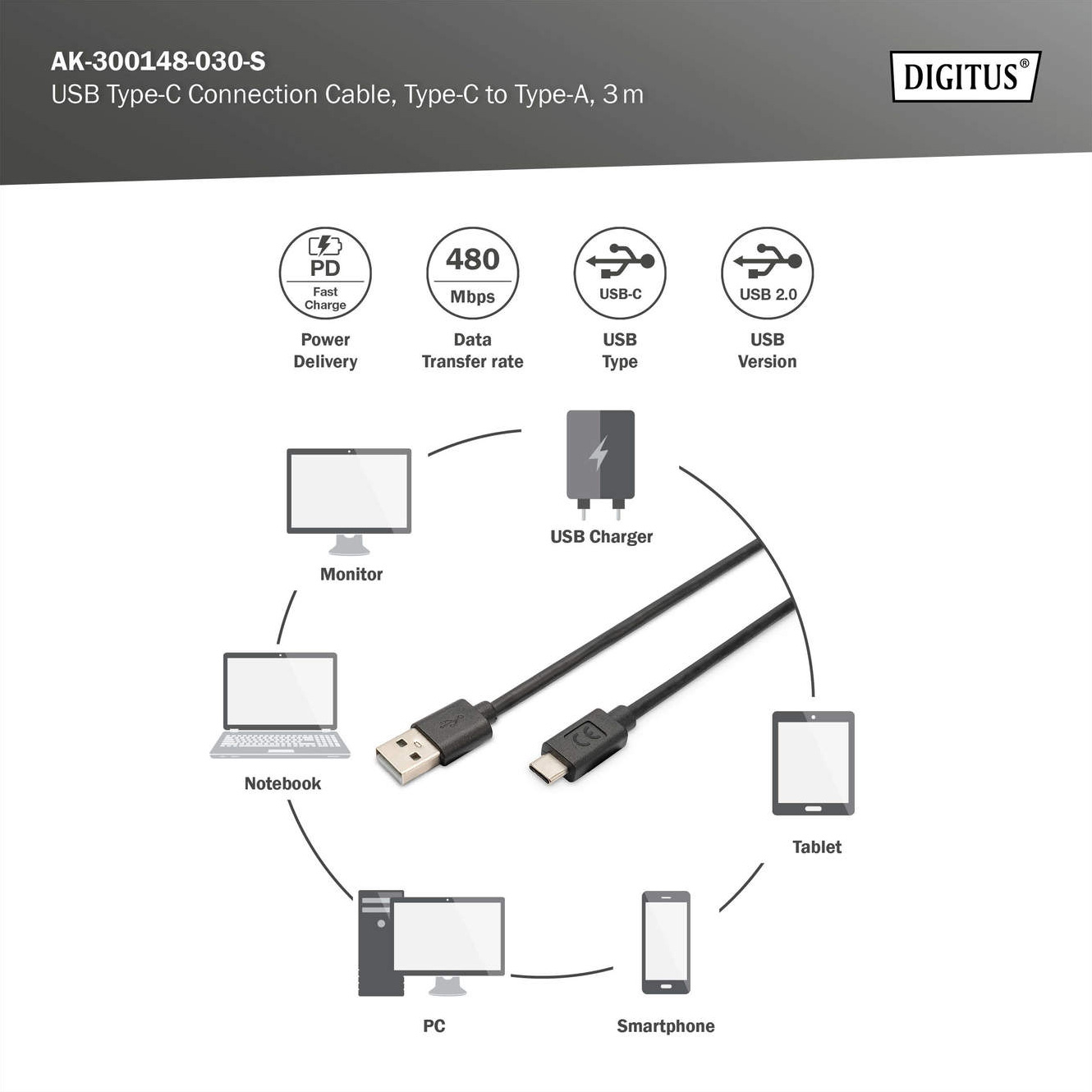 Кабель DIGITUS USB2.0 AM/CM 3м (AK-300148-030-S)