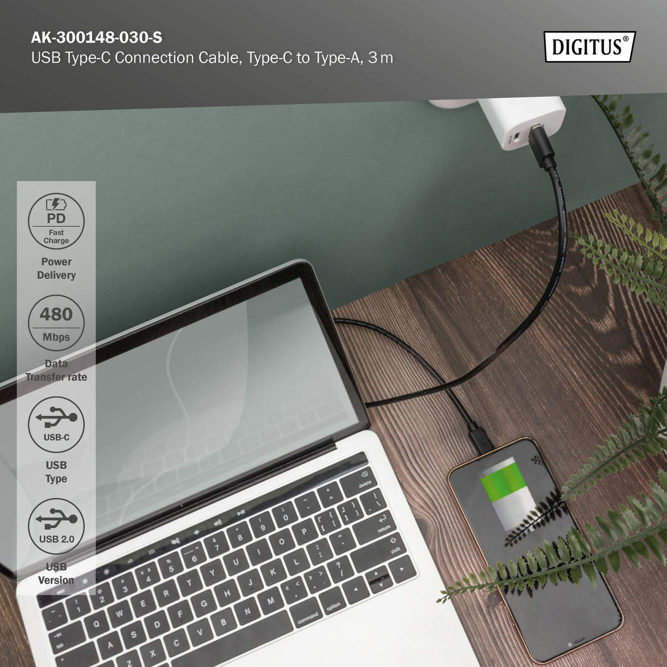 Кабель DIGITUS USB2.0 AM/CM 3м (AK-300148-030-S)