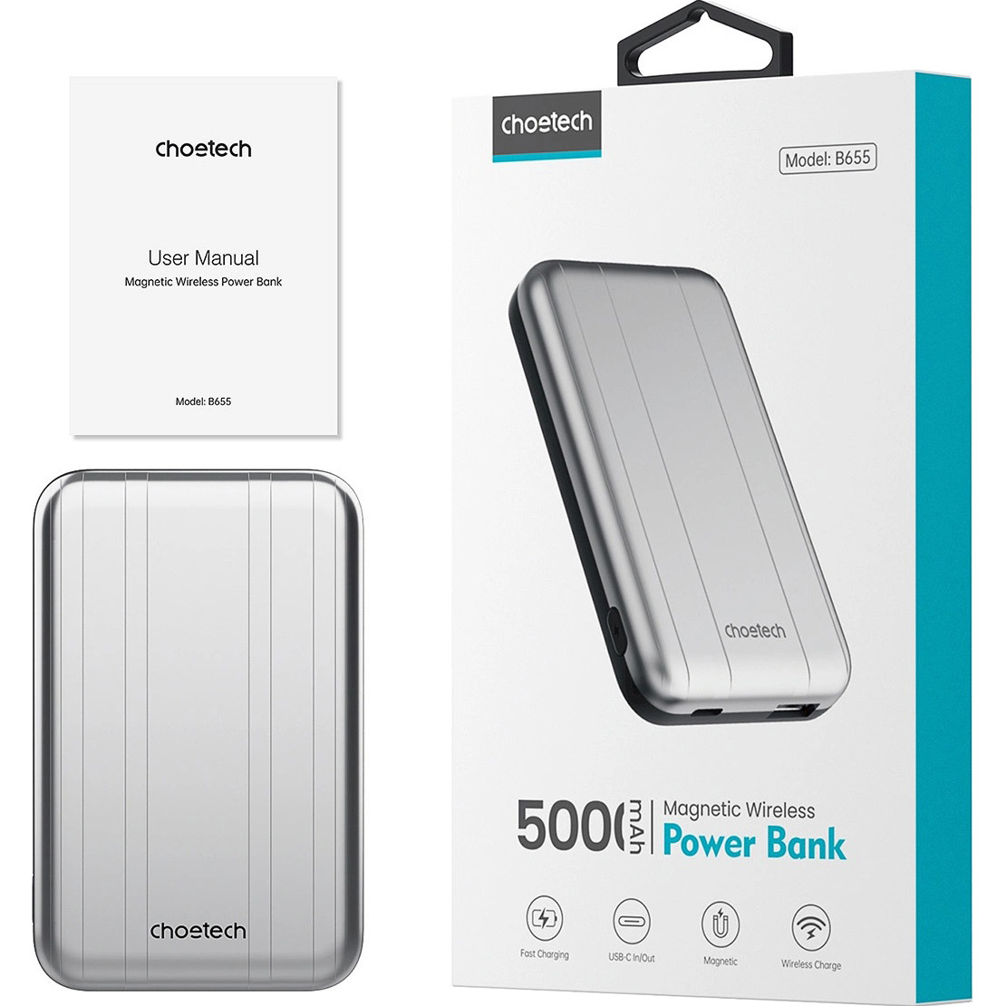 Повербанк MagSafe CHOETECH B655 Magnetic Wireless Power Bank 10W 5000mAh Silver