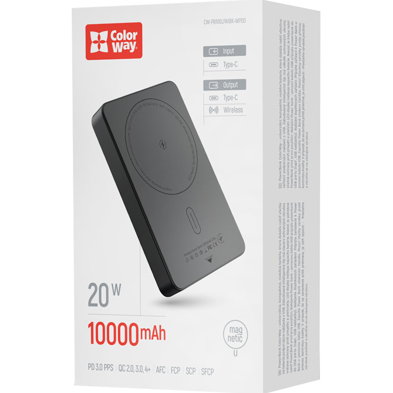 Повербанк MagSafe COLORWAY Power Bank MagSafe 22.5W 10000mAh Black (CW-PB100LPA1BK-WPDD)