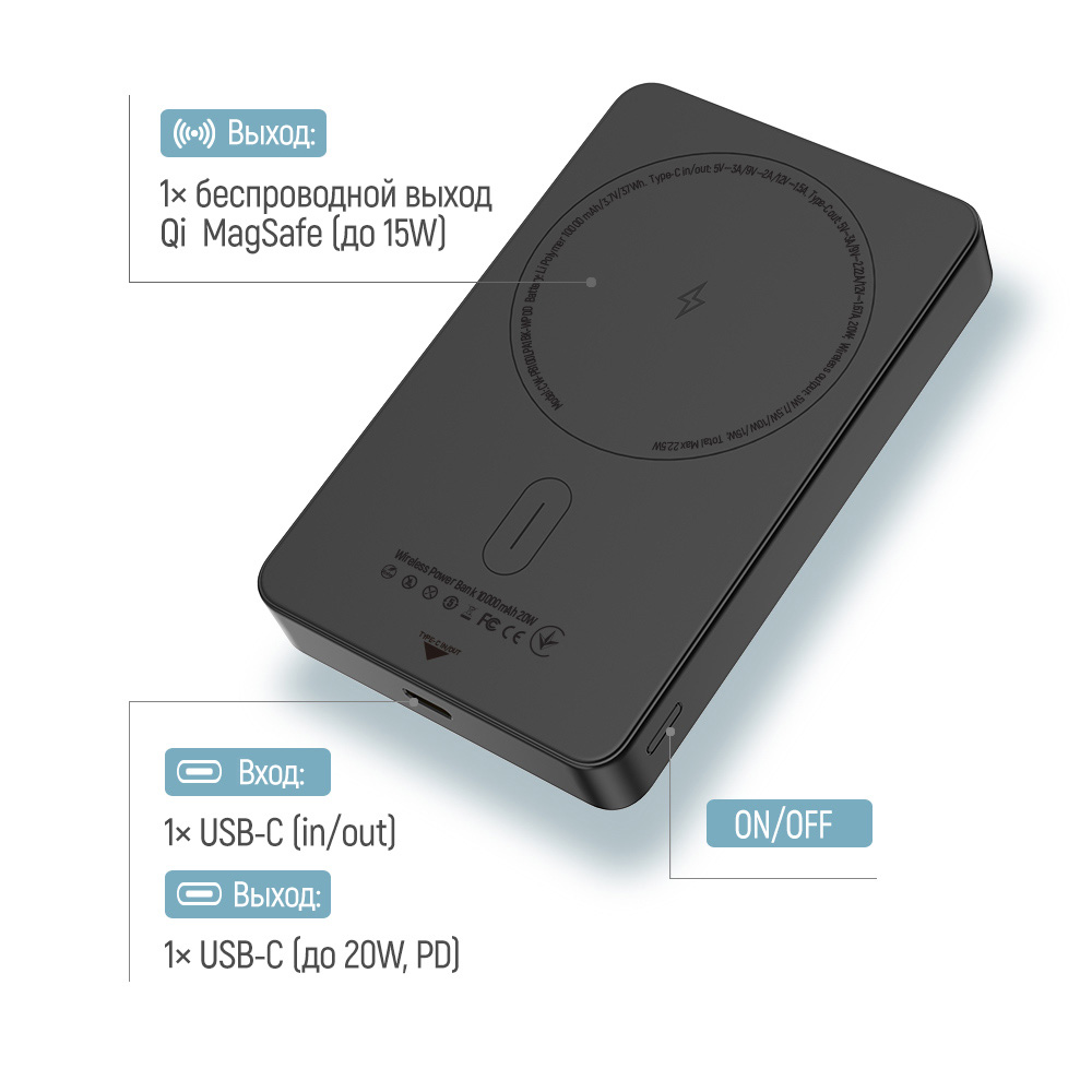 Повербанк MagSafe COLORWAY Power Bank MagSafe 22.5W 10000mAh Black (CW-PB100LPA1BK-WPDD)