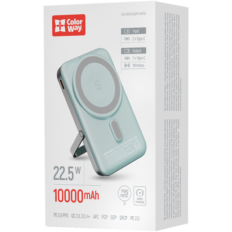 Повербанк з бездротовою зарядкою COLORWAY Power Bank MagSafe and Watch Wireless 22.5W 20000mAh Aquamarine (CW-PB100LPA2MT-WPDD)