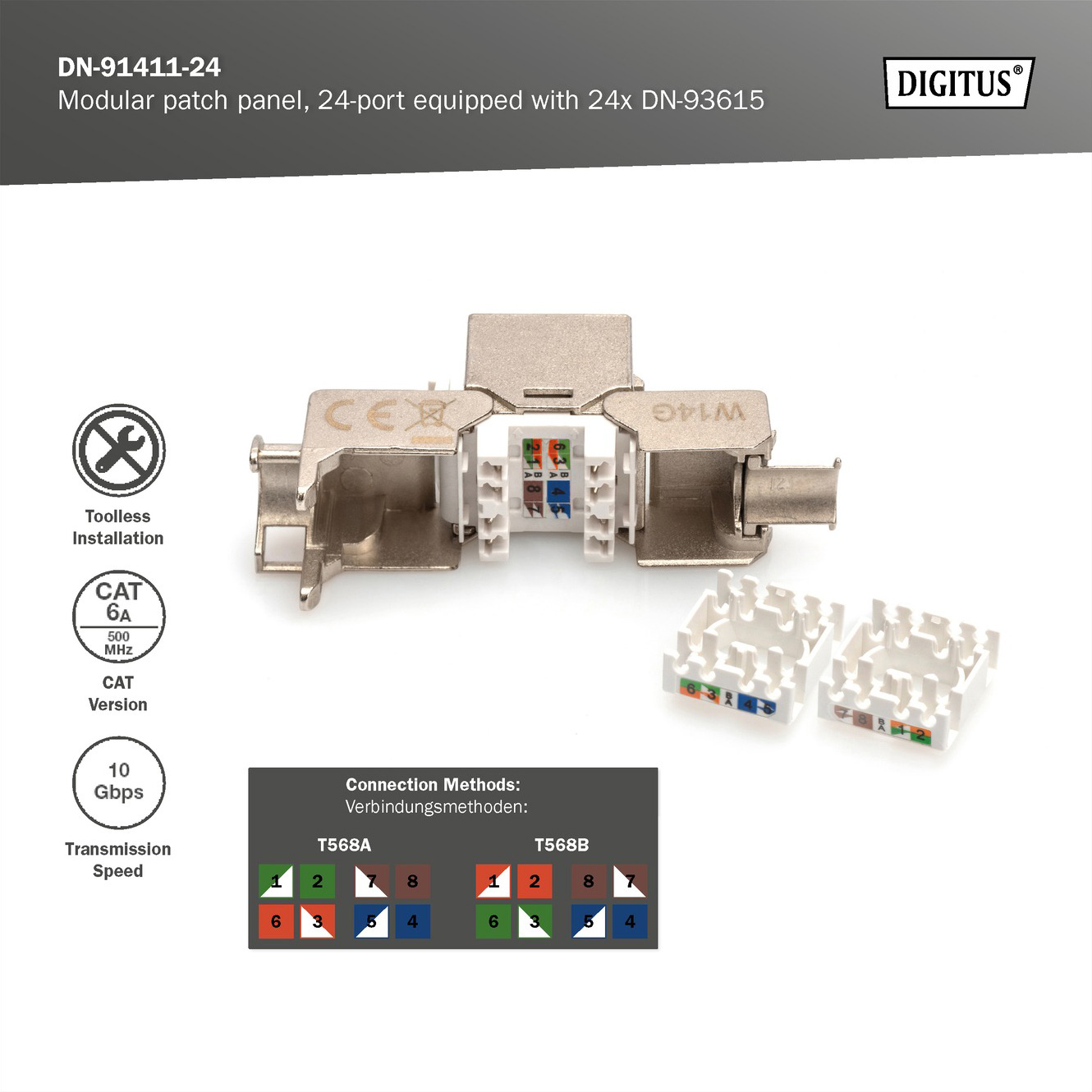 Патч-панель DIGITUS Modular patch panel, 24-port equipped 1U 19" 24-port STP Cat.6a (DN-91411-24)