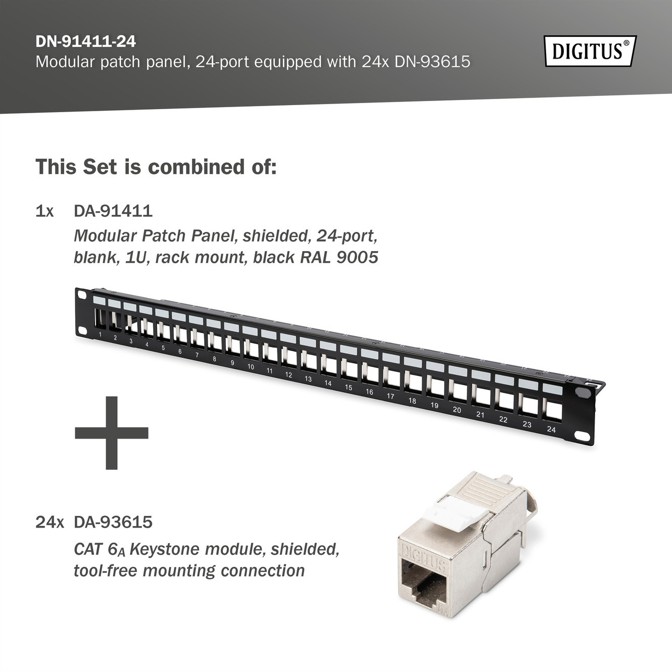 Патч-панель DIGITUS Modular patch panel, 24-port equipped 1U 19" 24-port STP Cat.6a (DN-91411-24)