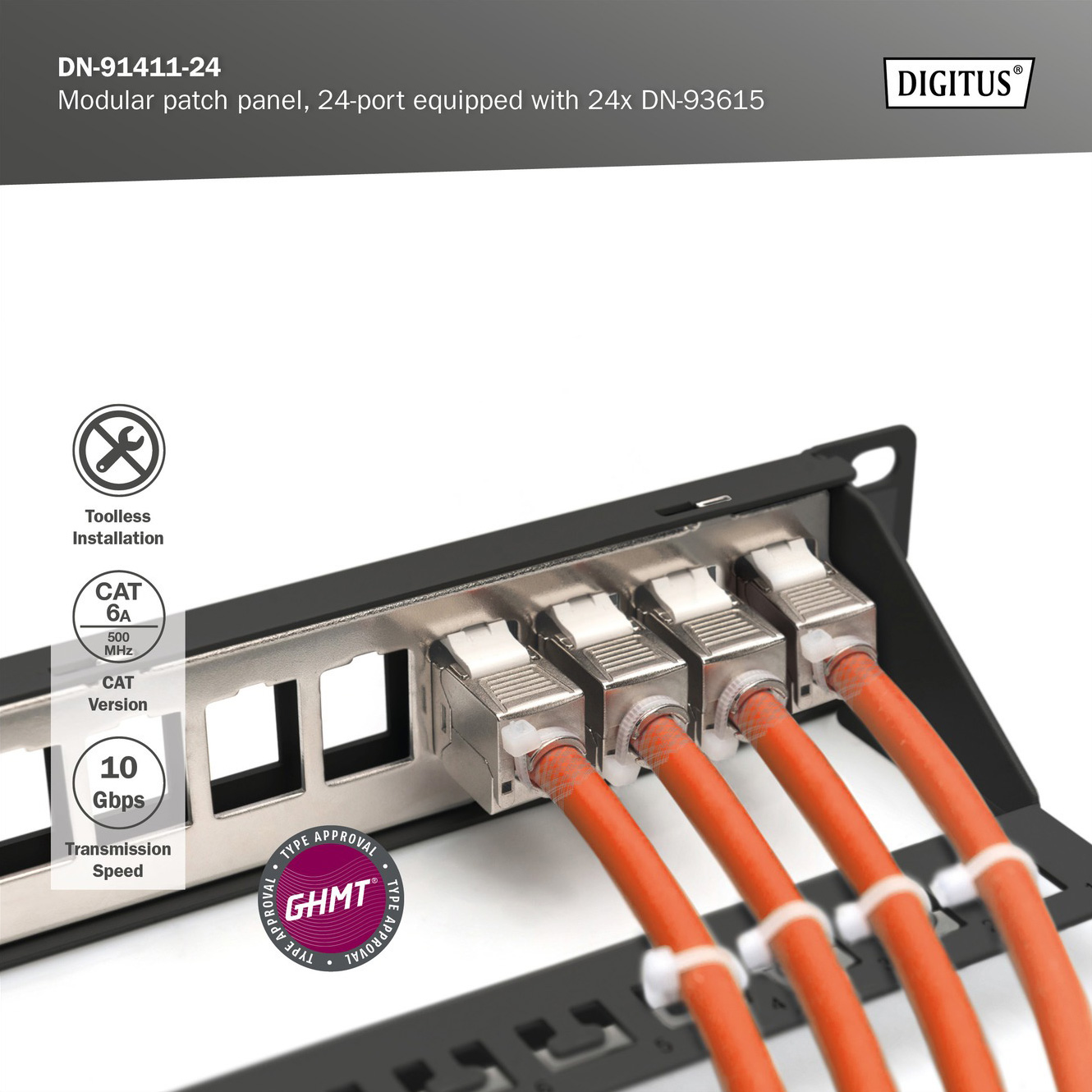 Патч-панель DIGITUS Modular patch panel, 24-port equipped 1U 19" 24-port STP Cat.6a (DN-91411-24)