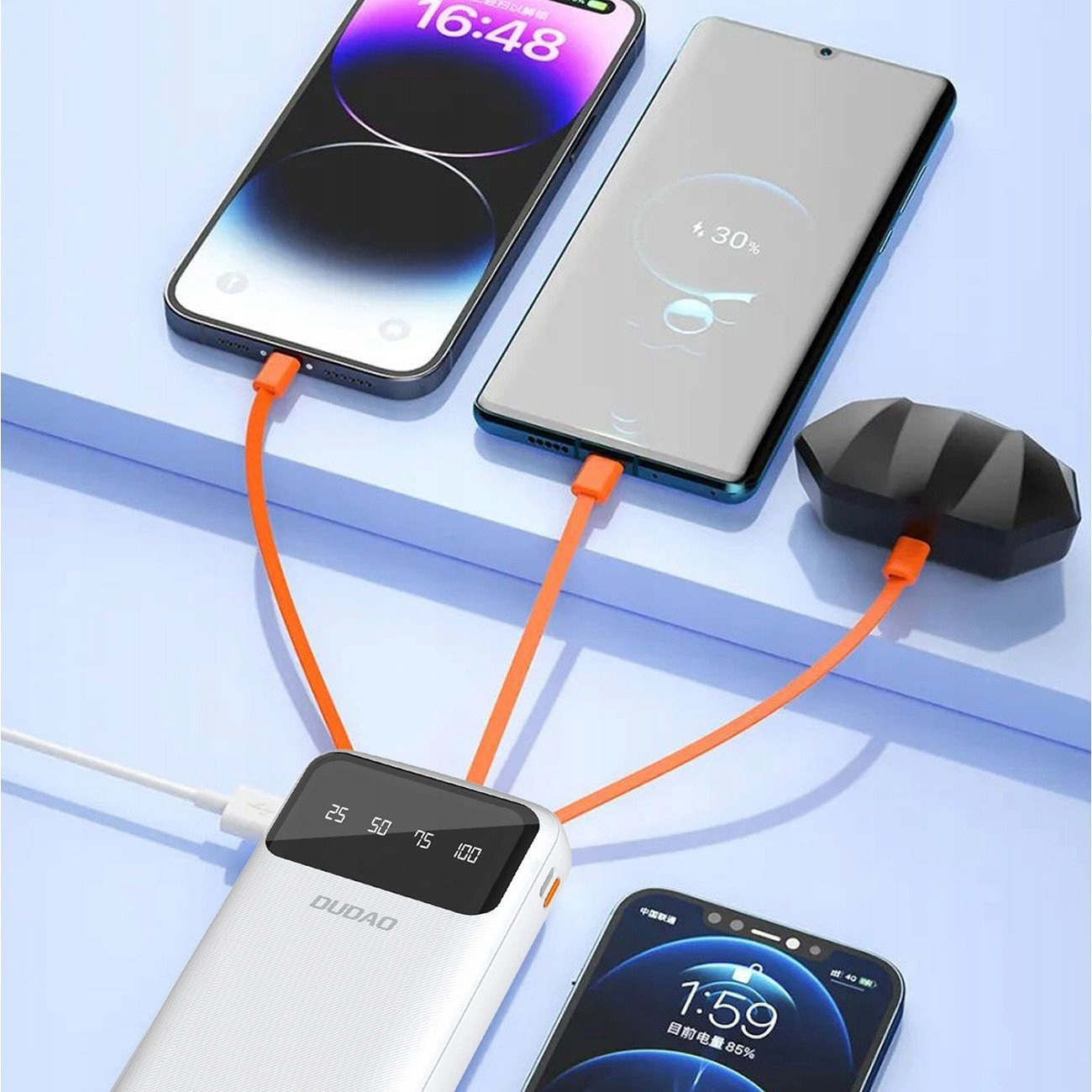Повербанк DUDAO K6Pro+ USB-A, USB-C, built-in USB-C/Lightning/Micro-USB/USB-A cables 10W 20000mAh White (6977196682409)