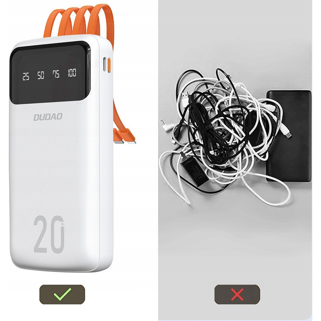 Повербанк DUDAO K6Pro+ USB-A, USB-C, built-in USB-C/Lightning/Micro-USB/USB-A cables 10W 20000mAh White (6977196682409)