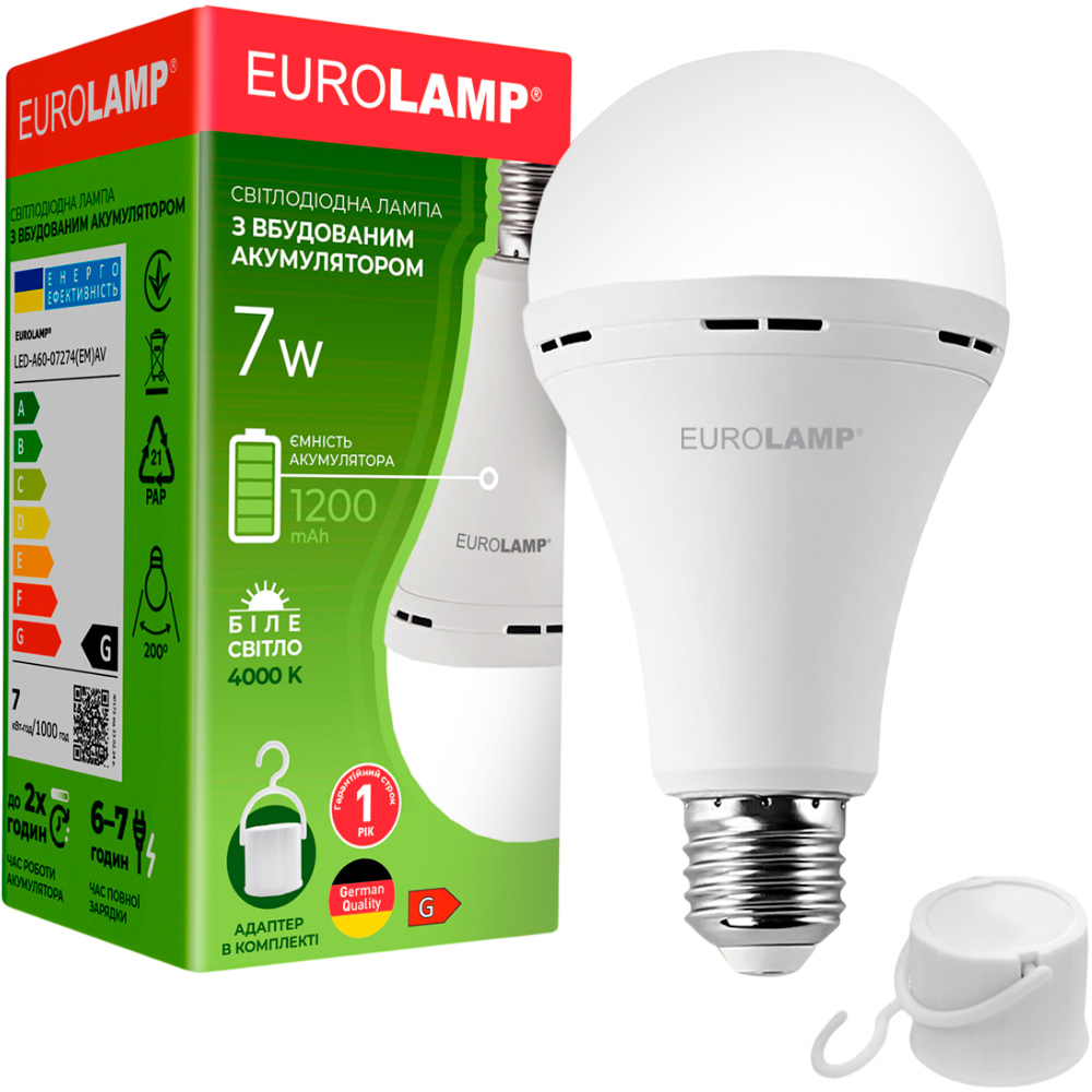 Лампа акумуляторна LED EUROLAMP A60 E27 7W 4000K 220V (LED-A60-07274(EM)AV)