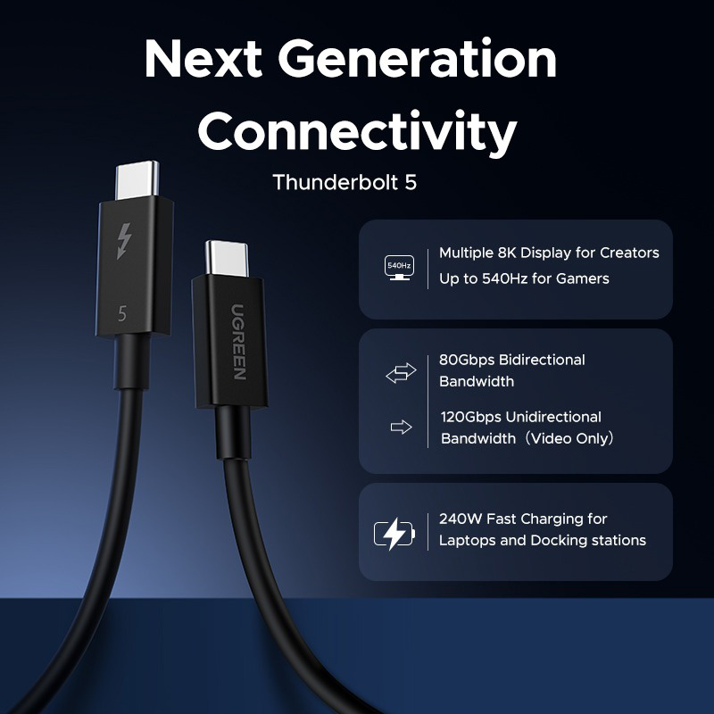 Кабель UGREEN L703 Type-c to Type-C Thunderbolt 5 PD3.1 240W 1м Black (45996)