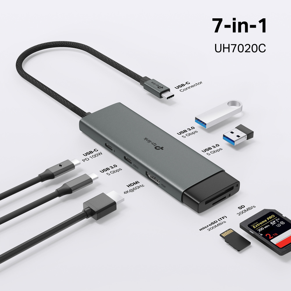 Порт-реплікатор TP-LINK UH7020C 7-in-1 USB-C to HDMI, 1xUSB-C, 2xUSB-A, SD/TF, PD