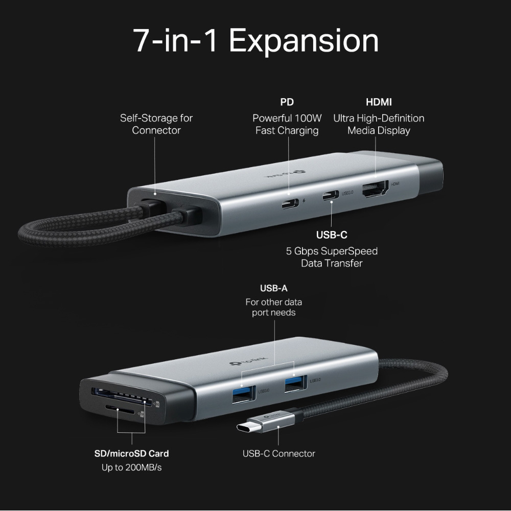 Порт-реплікатор TP-LINK UH7020C 7-in-1 USB-C to HDMI, 1xUSB-C, 2xUSB-A, SD/TF, PD