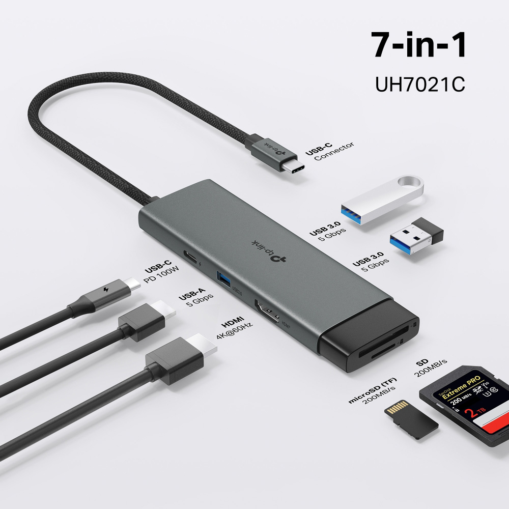 Порт-реплікатор TP-LINK UH7021C 7-in-1 USB-C to HDMI, 3xUSB-A, SD/TF, PD