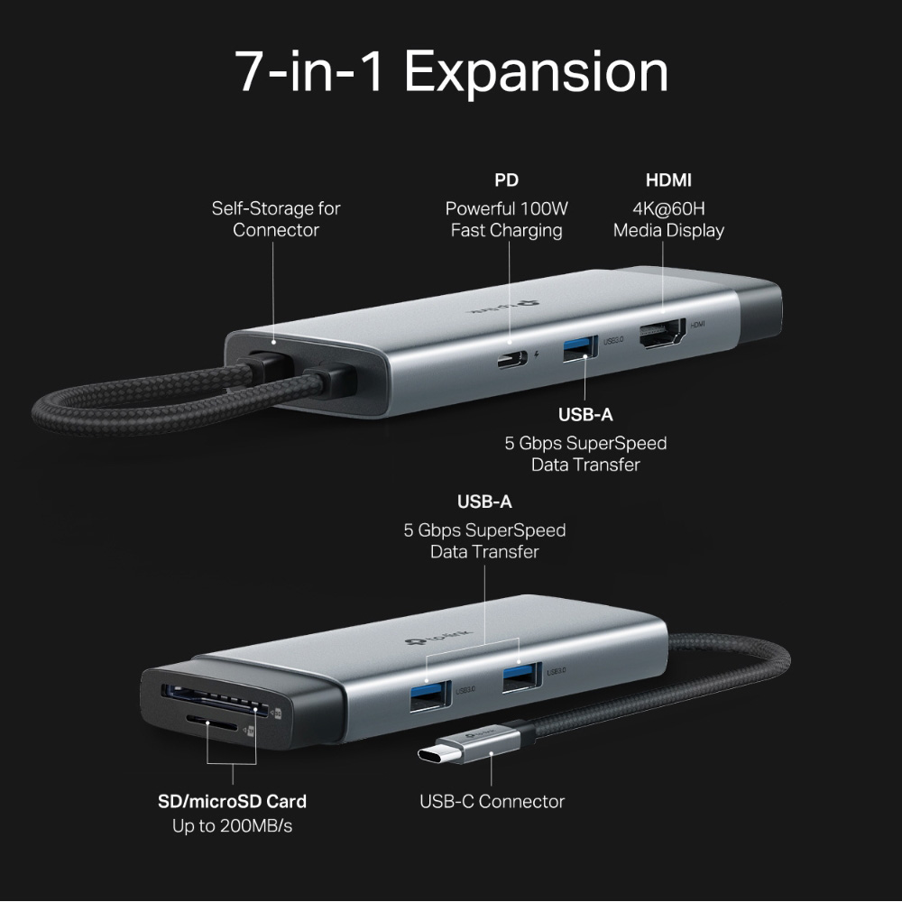 Порт-реплікатор TP-LINK UH7021C 7-in-1 USB-C to HDMI, 3xUSB-A, SD/TF, PD