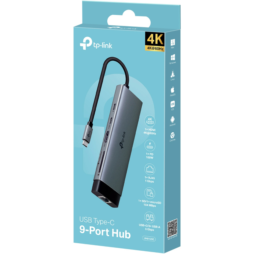 Порт-реплікатор TP-LINK UH9120C 9-in-1 USB-C to HDMI, 1xUSB-C, 3xUSB-A, GLAN, SD/TF, PD