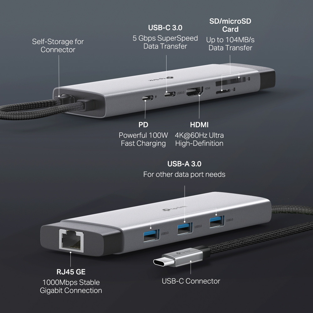 Порт-реплікатор TP-LINK UH9120C 9-in-1 USB-C to HDMI, 1xUSB-C, 3xUSB-A, GLAN, SD/TF, PD
