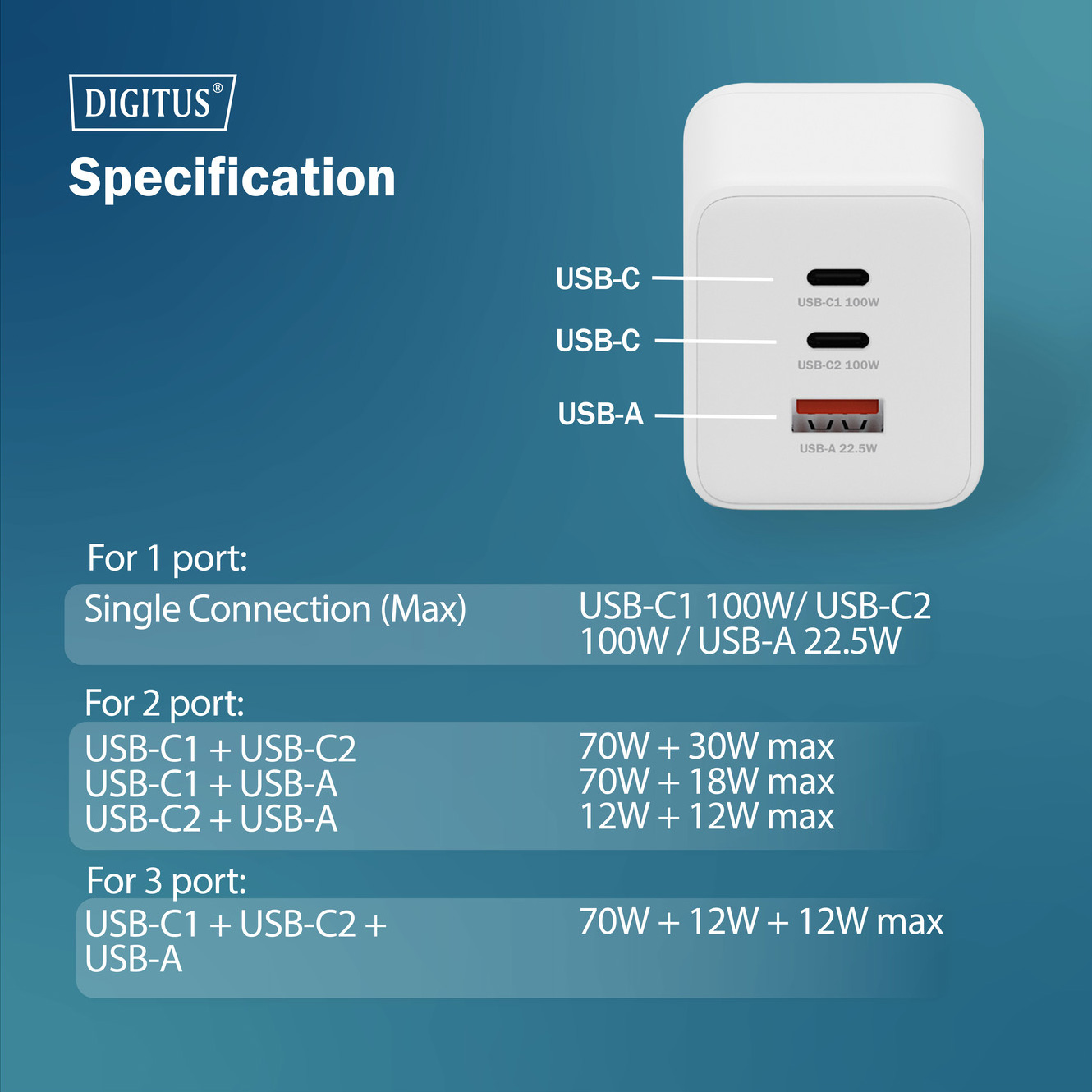 Зарядний пристрій DIGITUS GaN Charger, 2x USB-C, 1x USB-A, 100W White (DA-10304)