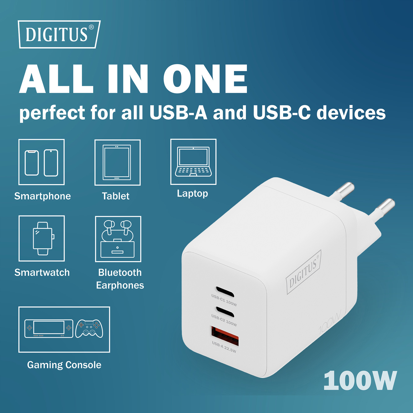 Зарядний пристрій DIGITUS GaN Charger, 2x USB-C, 1x USB-A, 100W White (DA-10304)
