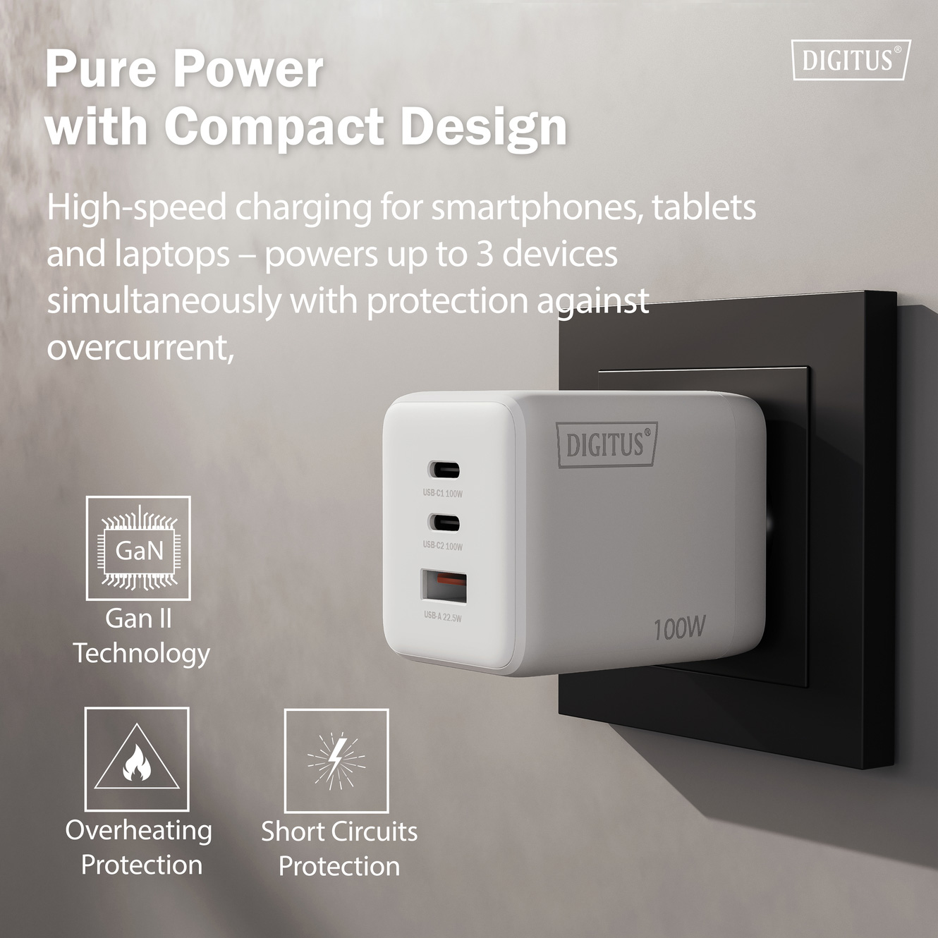 Зарядний пристрій DIGITUS GaN Charger, 2x USB-C, 1x USB-A, 100W White (DA-10304)