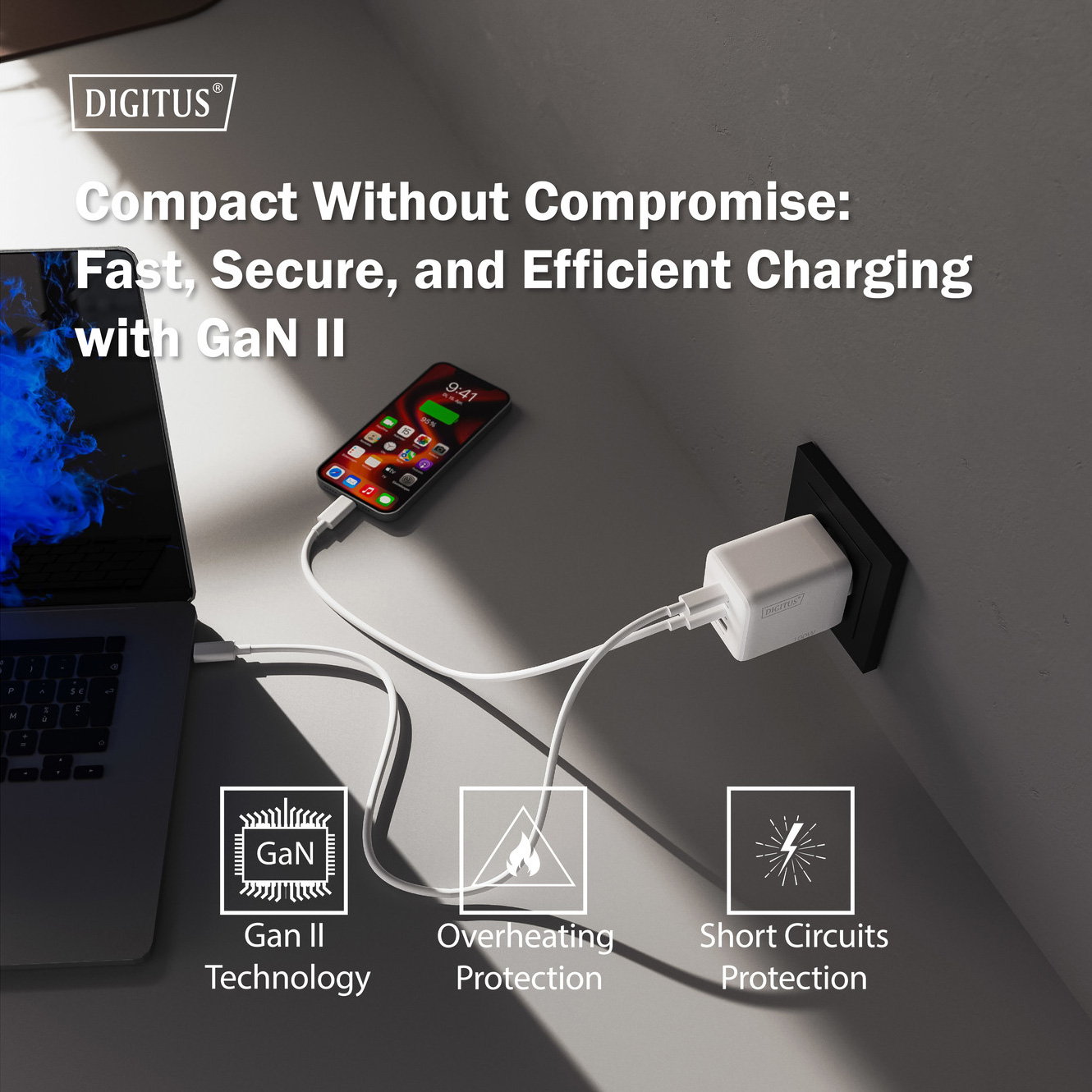 Зарядний пристрій DIGITUS GaN Charger, 2x USB-C, 1x USB-A, 100W White (DA-10304)