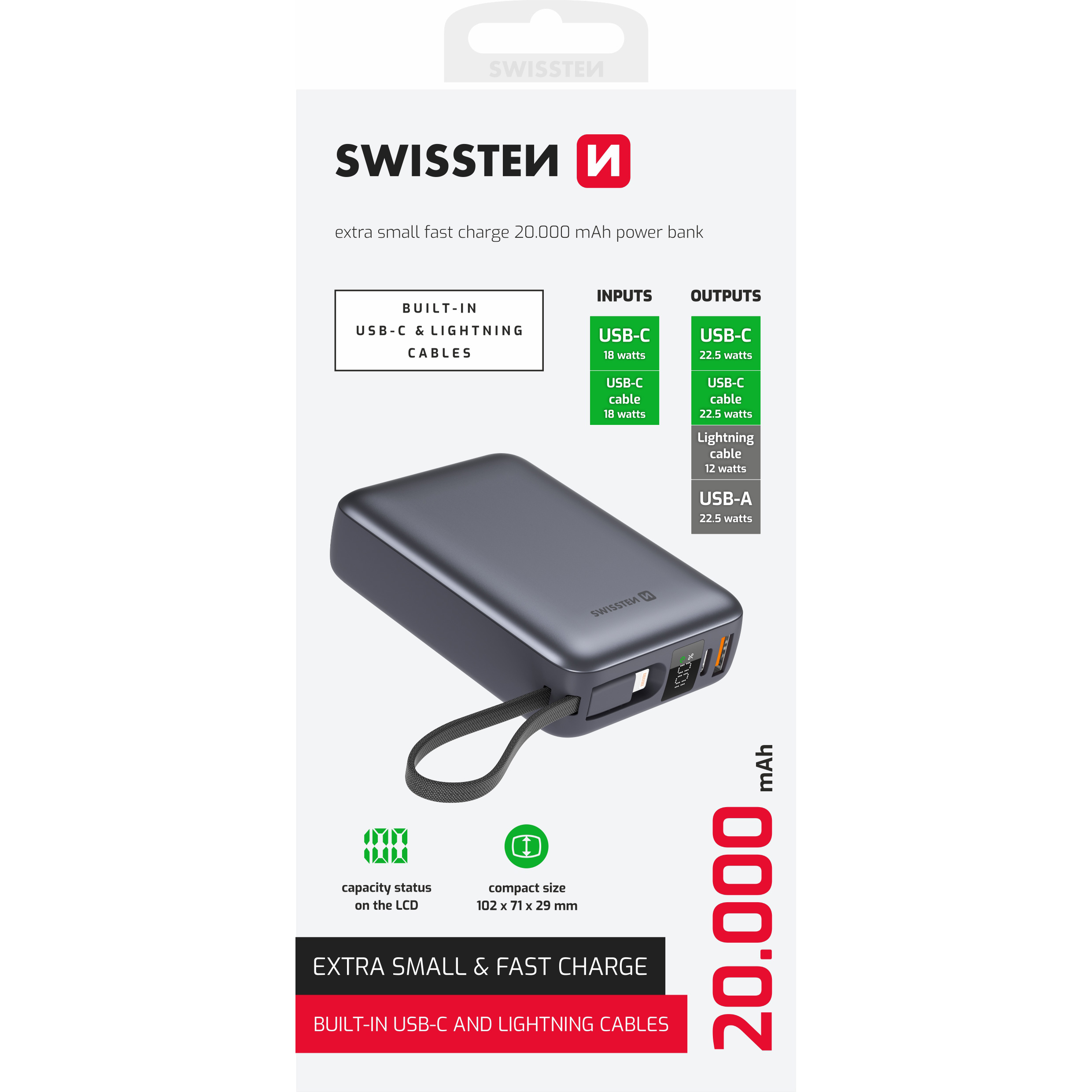 Повербанк SWISSTEN 1xUSB-C, 1xUSB-A, w/built-in cables USB-C + Lightning, PD, QC, 22,5W 22.5W 20000mAh Silver (8595217490598)